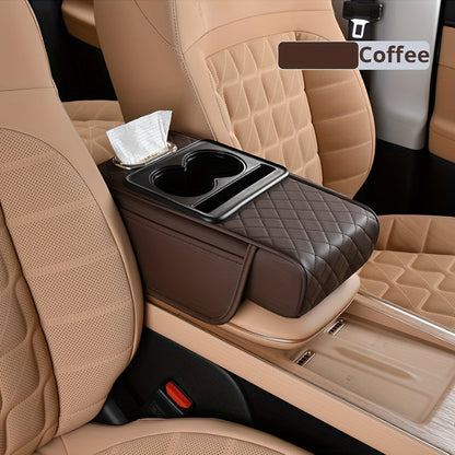 PU Leather Car Center Console Mat & Armrest Box Cover | Universal Fit, 2 Side Pockets, 2 Cup Holders, Phone & Card Storage, Tissue Box Replacement – Black, Grey, Red, Beige, Brown, Cream