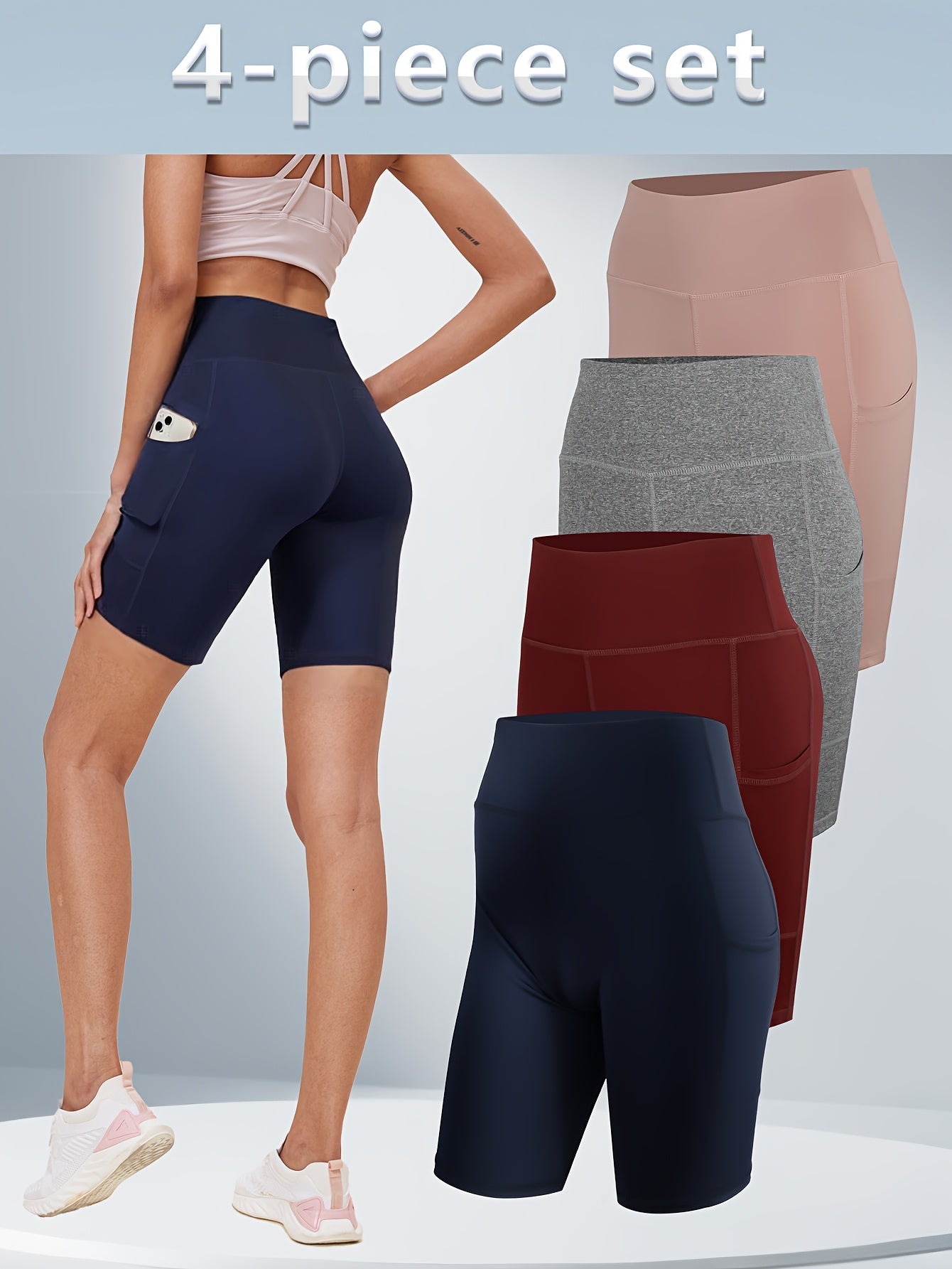 Women's High-Waisted Yoga Shorts 4-Pack Butt-Lifting 5-Pocket – Mid-Stretch Breathable Seamless Workout Shorts for Summer Yoga, Pilates & Gym Training (Red, Black, Gray, Navy Blue)