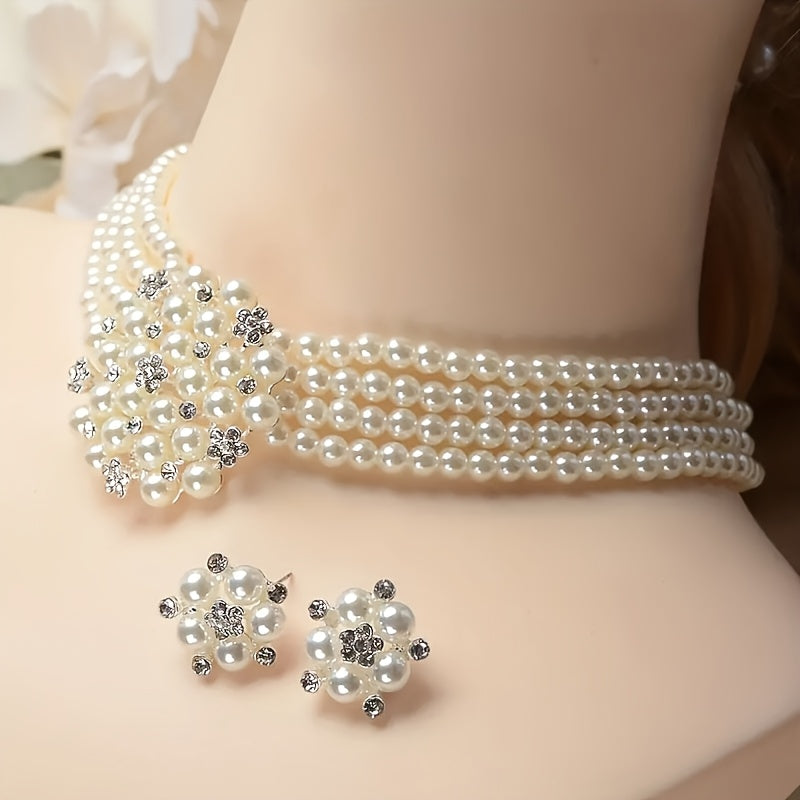 Luxury Bridal Necklace & Earring Set for Women – Silver Plated Beaded Jewelry Set for Wedding, Evening Party & Stage Performance, Elegant Dress Accessories