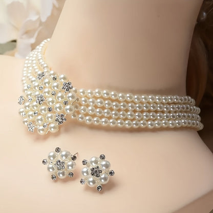 Luxury Bridal Necklace & Earring Set for Women – Silver Plated Beaded Jewelry Set for Wedding, Evening Party & Stage Performance, Elegant Dress Accessories