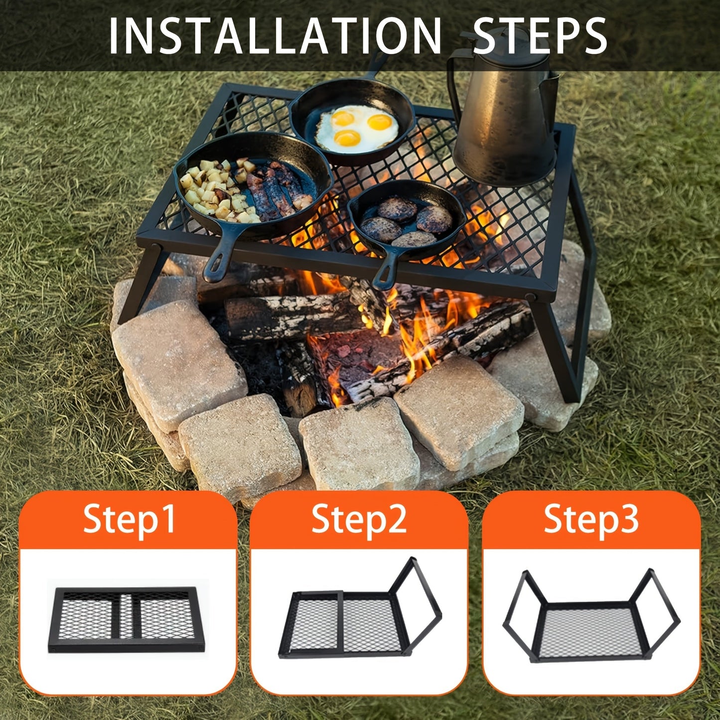 Heavy Duty Bonfire Campfire Grill with Firewood Rack – Outdoor BBQ Grill for Camping, RV, Picnic & Backyard, Includes Storage Bag, Food Clips & Cleaning Cloth, Perfect Men's Gift