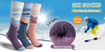 Wool Ski Socks 3 Pairs Thermal Knee High for Men & Women – Thick Warm Winter Socks for Skiing, Snowboarding & Outdoor Sports, 70% Wool, Sizes M & L, Multicolor / Dark / Snow Mountain