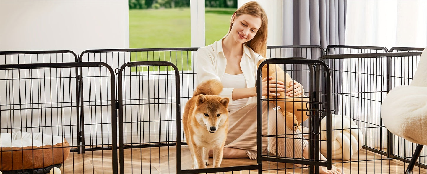 Dog Playpen 8 or 16 Panel DIY Metal Kennel with Door for Large Medium Small Dogs – 24 32 40 Inch Indoor Outdoor Puppy Pen Easy to Assemble & Move