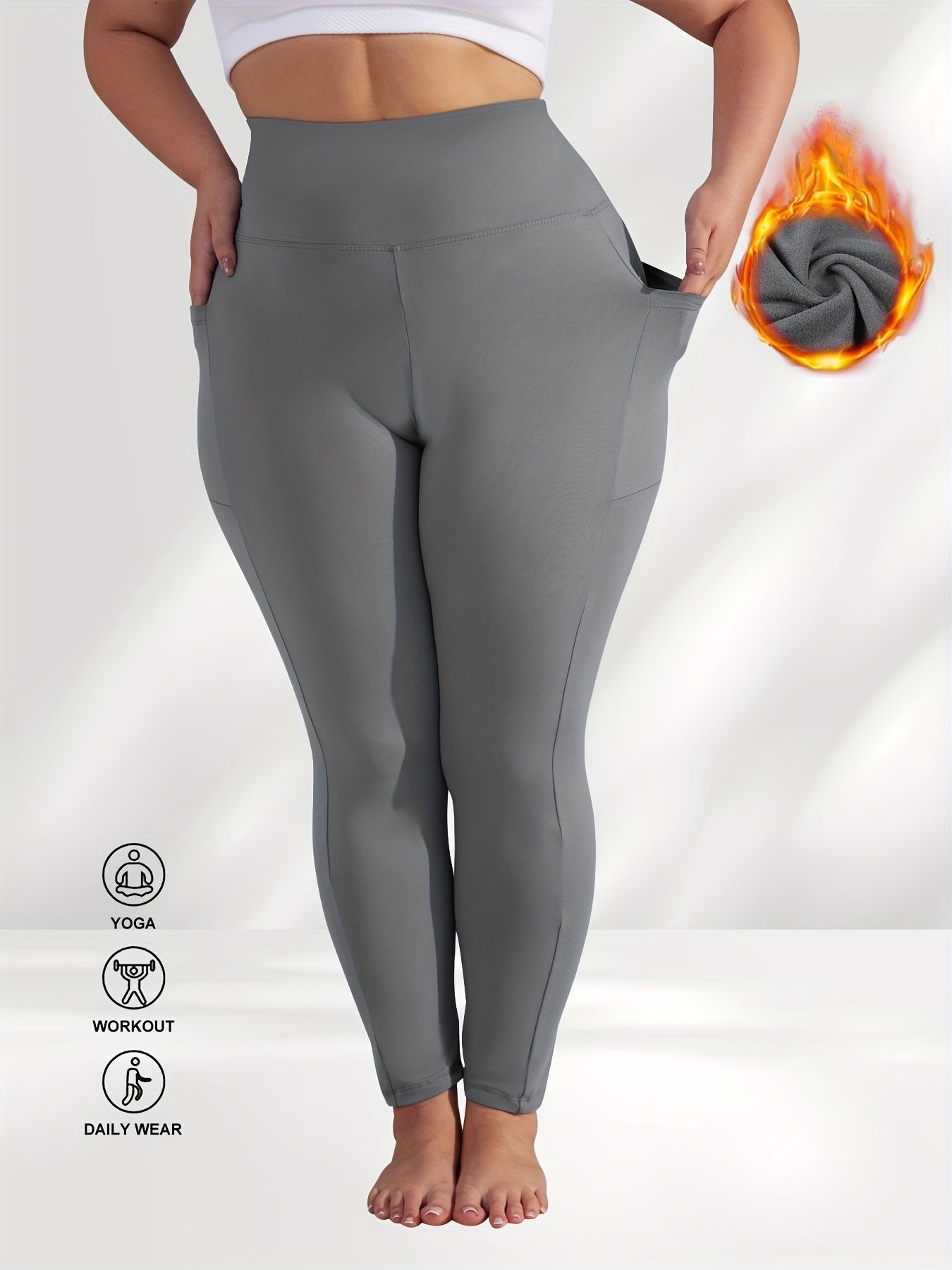 Women's Plus Size Yoga Pants with Pockets – High-Waist Fleece-Lined Warm Leggings for Fall & Winter, Tight-Fitting Elastic Sports Base Layer Pants, Sizes 1XL-5XL in Black, Gray, Burgundy & Navy