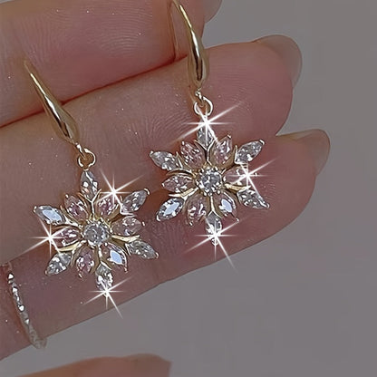 S925 Sterling Silver Pink Glass Snowflake Earrings – Elegant Romantic Dangle Earrings for Women, Festive Holiday Jewelry, Casual Daily Wear, Christmas Valentine Birthday Gift for Girlfriend