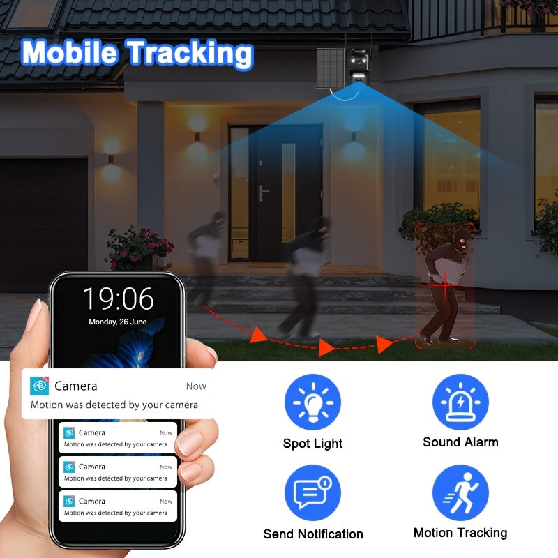 2K Solar Security Camera Outdoor WiFi 10x Zoom 360° Pan Tilt IP66 Waterproof CCTV with Spotlight Alarm Color Night Vision Motion Detection Two-Way Audio