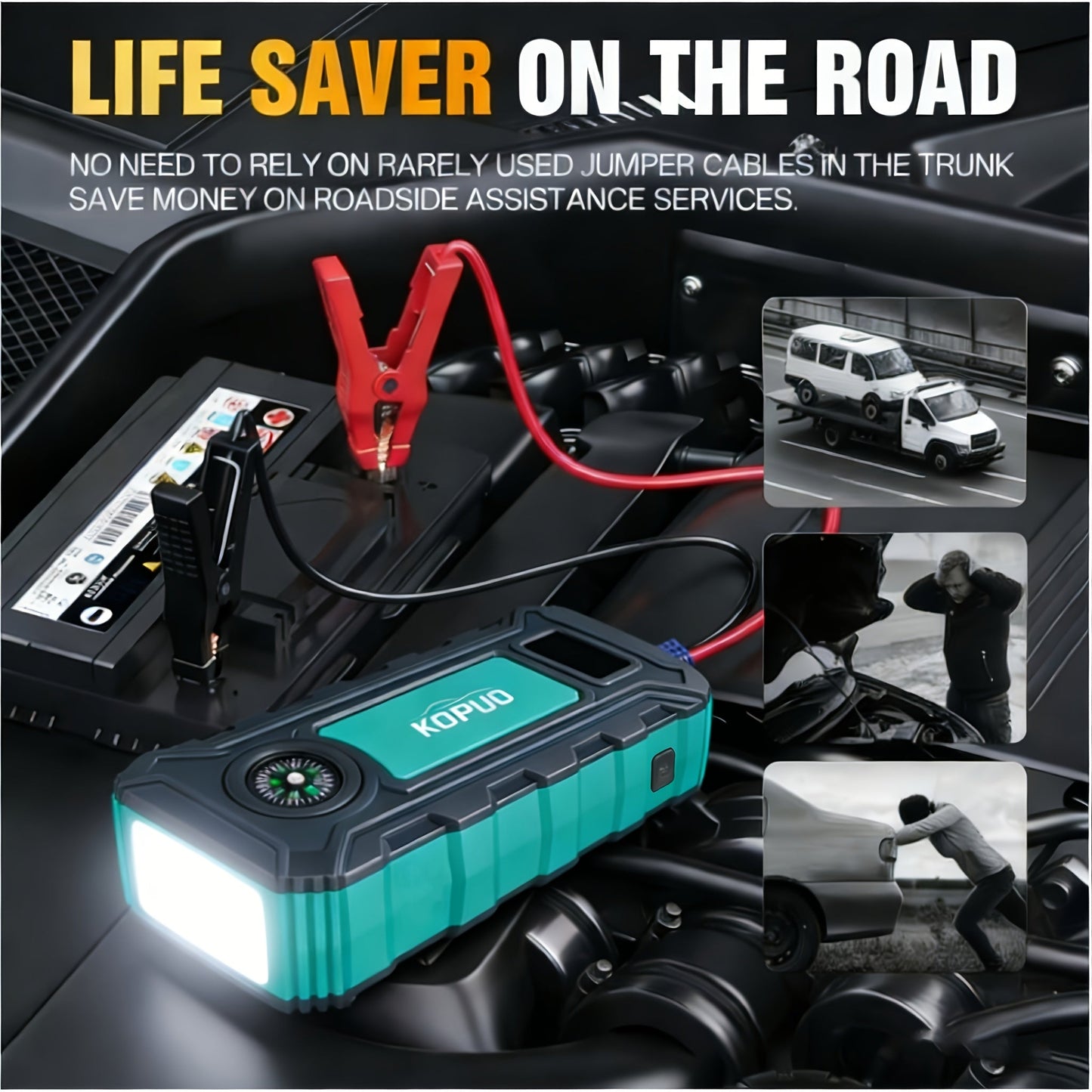 5000A/6000A Portable Car Jump Starter – 12V Battery Booster Pack for Gas & Diesel Vehicles, 65W Fast Charge Power Bank, LED Flashlight & LCD Display, Compact Emergency Jump Box