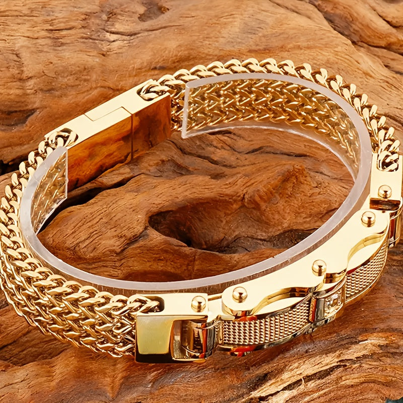 Men's Stainless Steel Hip Hop Motorcycle Chain Bracelet Punk Rock Magnetic Clasp Synthetic Gems Biker Jewelry for Nightclub Party Wedding