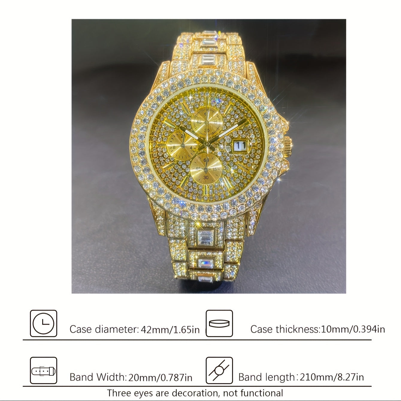 Luxury Iced Out Rhinestone Quartz Watch for Men & Women – Hip Hop Fashion Waterproof Auto Date Watch in Gold & Silver, Sparkling CZ Dial, Perfect for Parties & Everyday Wear