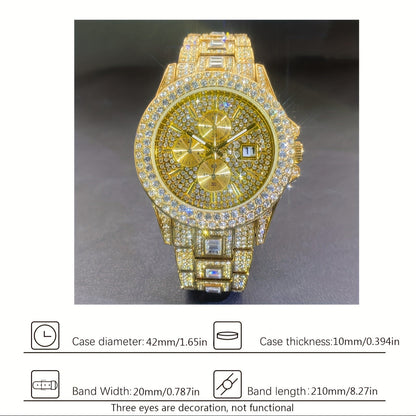 Luxury Iced Out Rhinestone Quartz Watch for Men & Women – Hip Hop Fashion Waterproof Auto Date Watch in Gold & Silver, Sparkling CZ Dial, Perfect for Parties & Everyday Wear