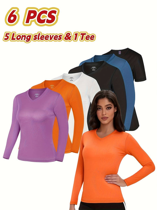 Women's 6-Pack Performance T-Shirts Breathable Moisture-Wicking Skin-Friendly Workout Tees for Outdoor Sports Gym Everyday Comfort – Mixed Colors XS-XXL