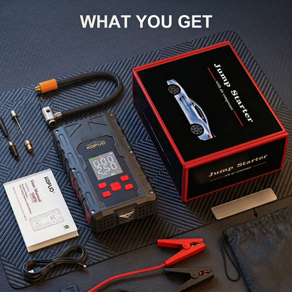 Portable Car Jump Starter 20000A Peak with Air Compressor, 7-in-1 Jump Starter Battery Pack 150PSI Tire Inflator, Power Bank, LED Light & Safety Hammer for 12V Gas & Diesel Engines – Roadside Emergency Kit