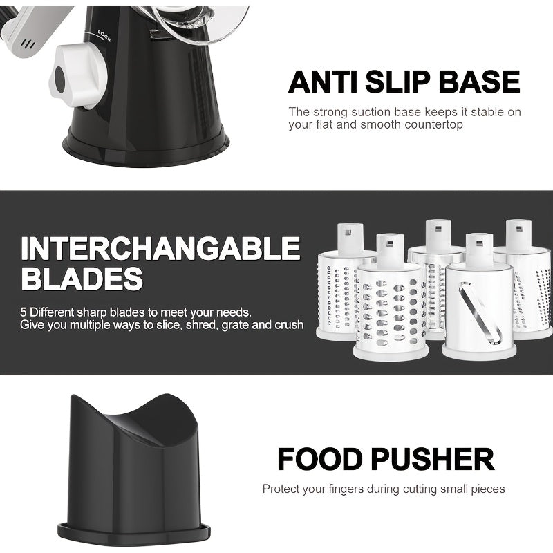 Rotary Cheese Grater Hand Crank Shredder with 3 Interchangeable Blades - Non-Slip Suction Base, Free Cleaning Brush, for Fresh Cheese, Vegetables & Nuts, Kitchen Tool Gift
