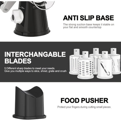 Rotary Cheese Grater Hand Crank Shredder with 3 Interchangeable Blades - Non-Slip Suction Base, Free Cleaning Brush, for Fresh Cheese, Vegetables & Nuts, Kitchen Tool Gift