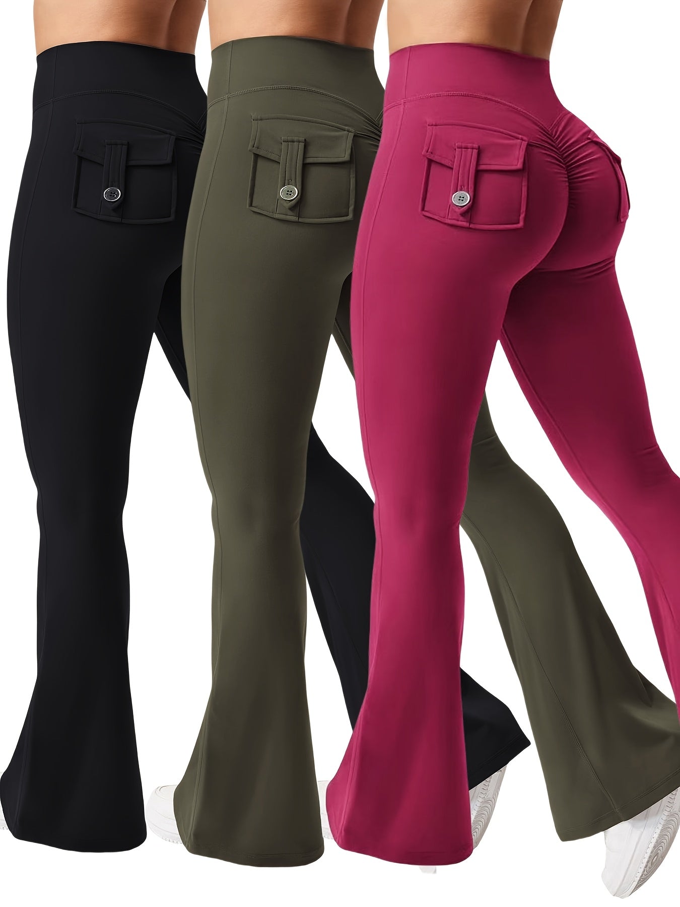 Women's 3-Piece High Waist Flare Yoga Pants Set with Belt and Pockets, Scrunch Butt Lifting Squat Proof 90% Polyester Stretchy Flared Leggings for Workout Gym Running Casual Wear
