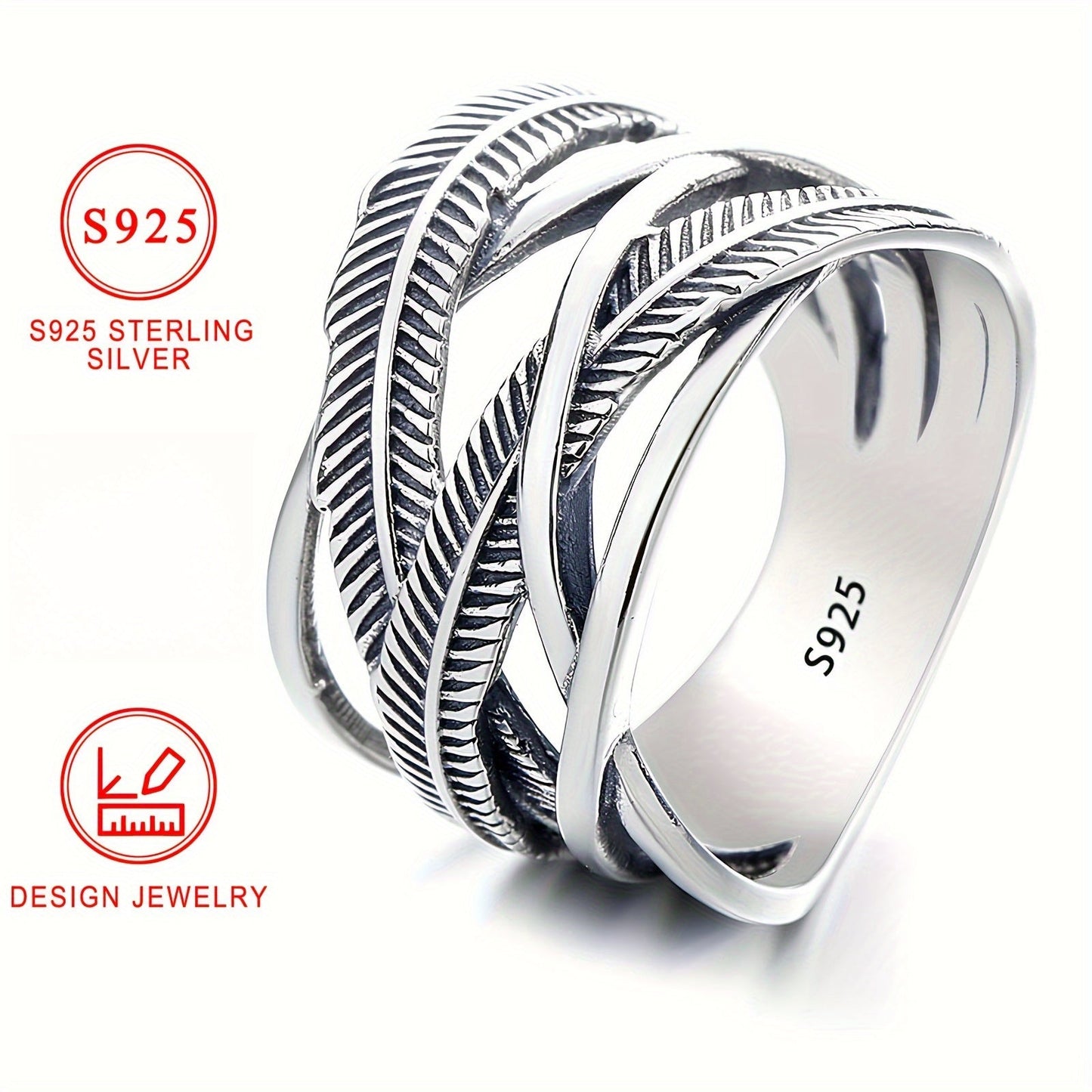 925 Sterling Silver Feather Ring Vintage Hip Hop Infinity Cross Band Fashion Jewelry for Women and Men Sizes 6 7 8 9 10 Daily Wear Gift