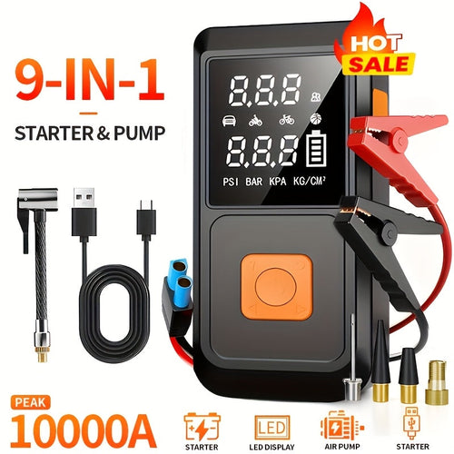 Portable Car Jump Starter 6000mAh with 150PSI Air Compressor Inflator Digital Display USB-C Charging LED Light Dual Safety Protection for Cars Trucks SUVs - Outdoor Travel Camping Emergency Kit