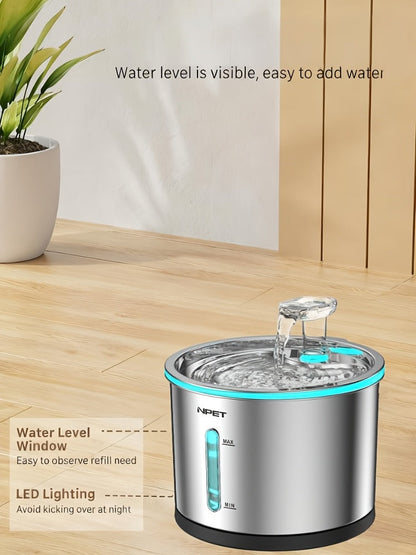 NPET WF210 Stainless Steel Cat Water Fountain 50oz – Ultra Quiet Automatic Pet Water Dispenser with LED Light, Visible Water Window & Dishwasher Safe 304 Steel, Optional Filter Bundles for Cats Dogs