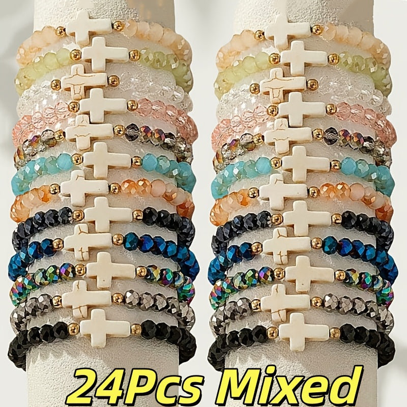 24pc Bohemian Cross Charm Bracelet Set – Colorful Elastic Stretch Bands with Resin & Glass Cross Charms, Bulk Pack for Daily Wear, Vacation, Parties & Holiday Gifting