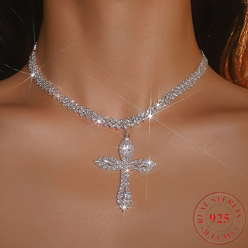 925 Sterling Silver Cross Pendant Necklace – Cubic Zirconia Crystal Sparkle, Luxury Elegant Design, Perfect Gift for Women & Men for Birthday, Christmas & Religious Occasions