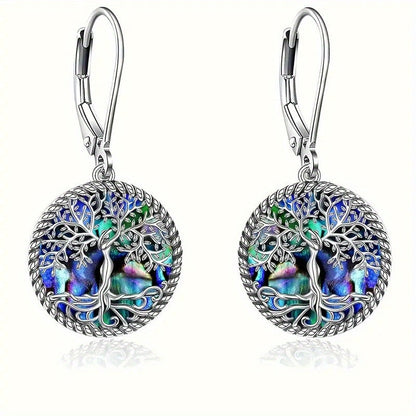 925 Sterling Silver Tree of Life Abalone Shell Dangle Drop Earrings for Women – Boho Spiritual Jewelry Gift Set