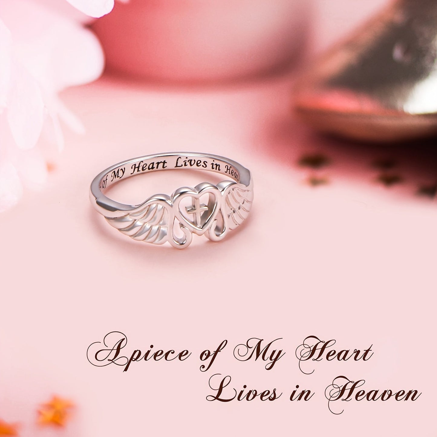 S925 Sterling Silver Angel Wing Memorial Ring – A Piece of My Heart Lives in Heaven, Rhodium Plated, Sympathy Gift for Loss of Mom Dad Grandma Grandpa Daughter Son, Sizes 5-10