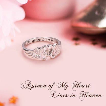 S925 Sterling Silver Angel Wing Memorial Ring – A Piece of My Heart Lives in Heaven, Rhodium Plated, Sympathy Gift for Loss of Mom Dad Grandma Grandpa Daughter Son, Sizes 5-10