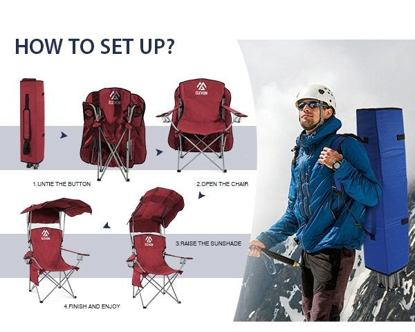 Folding Camping Chair with Tilting Canopy Sunshade – 225LBS Capacity, 22.8" Wide Seat, Mesh Cup Holder & Carry Bag, Portable Beach Lawn Chair for Camping, Hiking & Outdoor Events – 9 Color Options