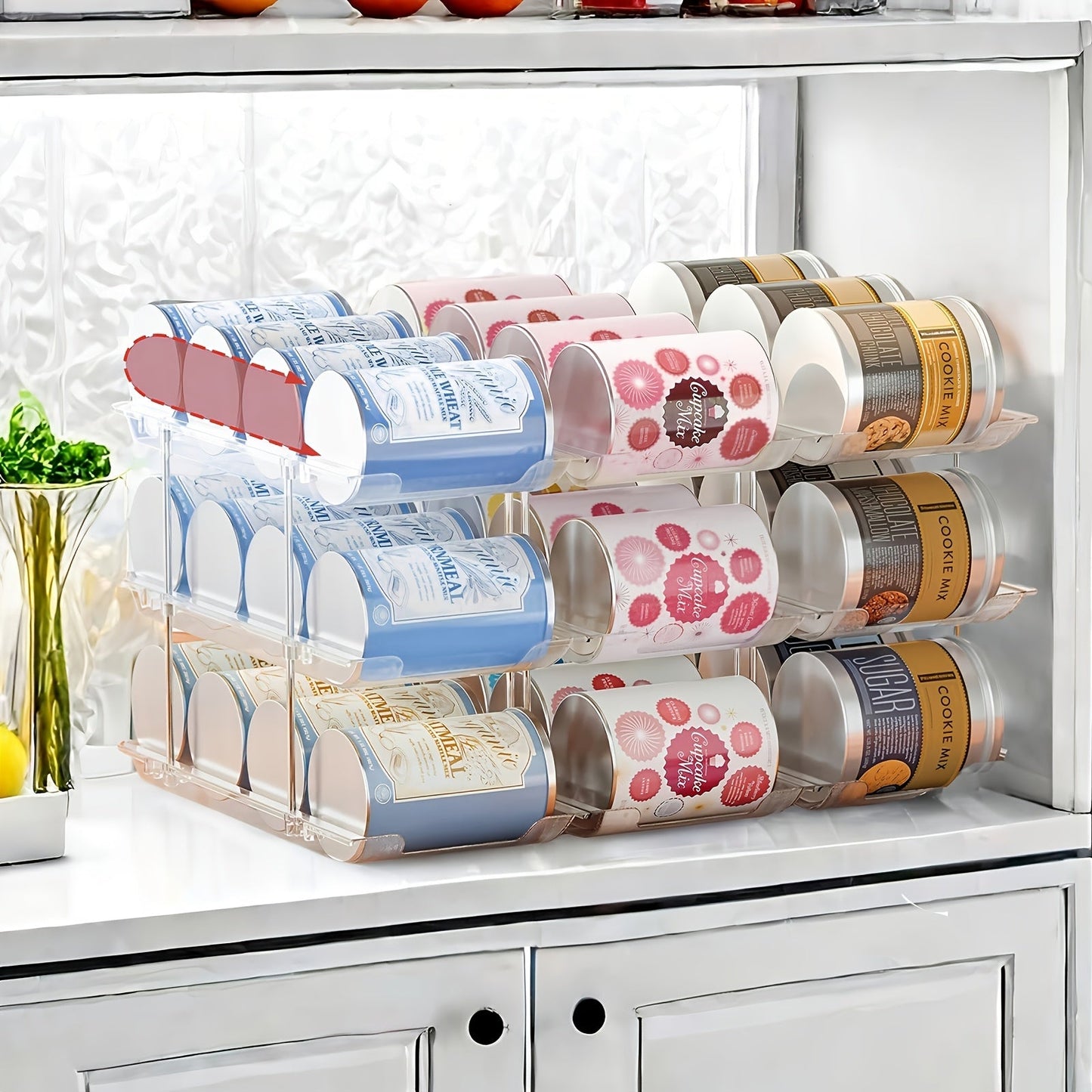 Pantry Can Organizer Rack 3-Tier Stackable – Holds 36 Cans, Auto-Rolling Transparent PET Can Storage Rack for Kitchen Pantry, Garage, Dorm & Closet, Tool-Free Assembly, Fits Soda Soup Vegetable Cans