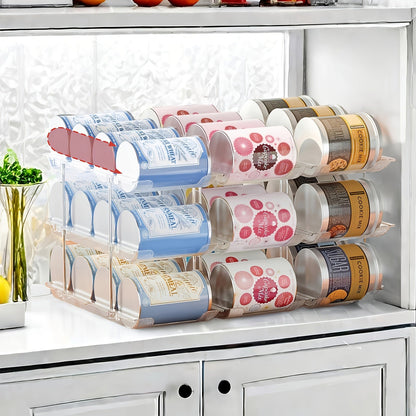 Pantry Can Organizer Rack 3-Tier Stackable – Holds 36 Cans, Auto-Rolling Transparent PET Can Storage Rack for Kitchen Pantry, Garage, Dorm & Closet, Tool-Free Assembly, Fits Soda Soup Vegetable Cans