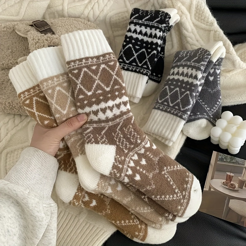 5-Pack Women's Thermal Winter Socks – Fluffy Warm Mid-Calf Cold Weather Socks with Ethnic Rhombus Pattern, Cozy Soft Fabric for Outdoor Commuting & Everyday Wear, Multi-Color