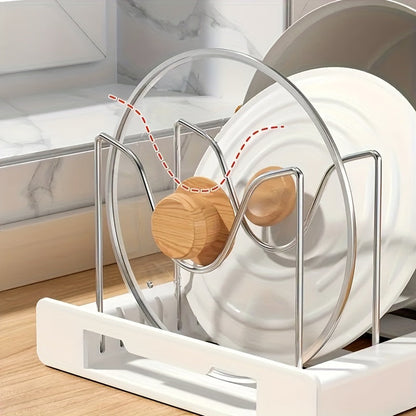 Adjustable Pots and Pans Organizer Rack – Expandable Bakeware Organizer with Dividers & Pot Lid Holder, Under Cabinet or Countertop Kitchen Storage for Pots, Pans, Lids & Bakeware, White Metal