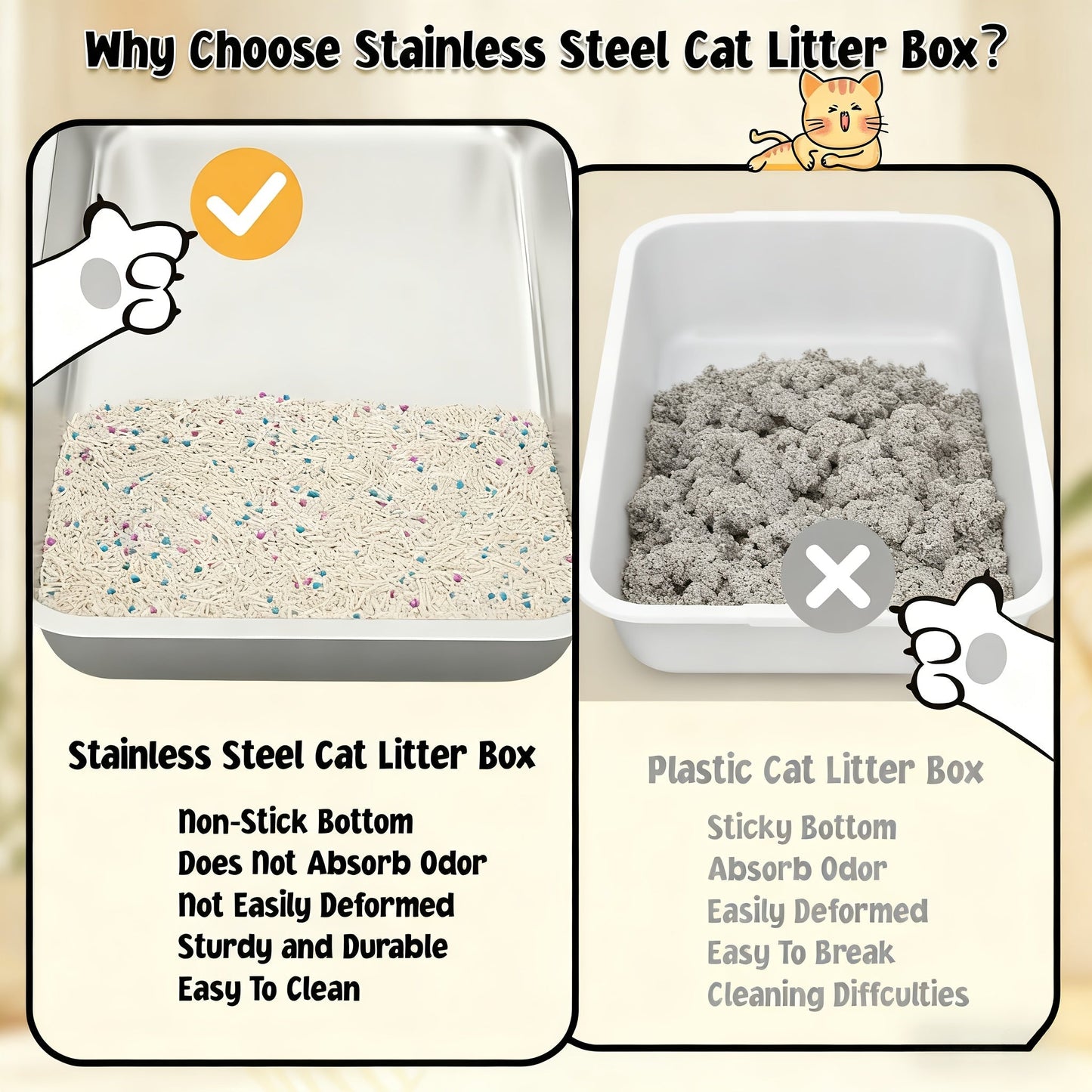 Stainless Steel Cat Litter Box Odor-Proof High-Sided Metal Litter Tray – Non-Stick Leak-Proof Easy Clean Indoor Cat Toilet for Large Medium Small Cats, Multiple Sizes & Colors
