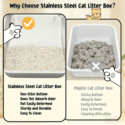 Stainless Steel Cat Litter Box Odor-Proof High-Sided Metal Litter Tray – Non-Stick Leak-Proof Easy Clean Indoor Cat Toilet for Large Medium Small Cats, Multiple Sizes & Colors