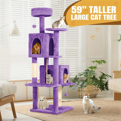 59" Multi-Level Cat Tower for Indoor Cats – Large Cat Tree with Plush Resting Area, Sisal Scratching Post & Hanging Ball Toy – Ideal for Bedroom, Living Room & Multi-Cat Households – Velora