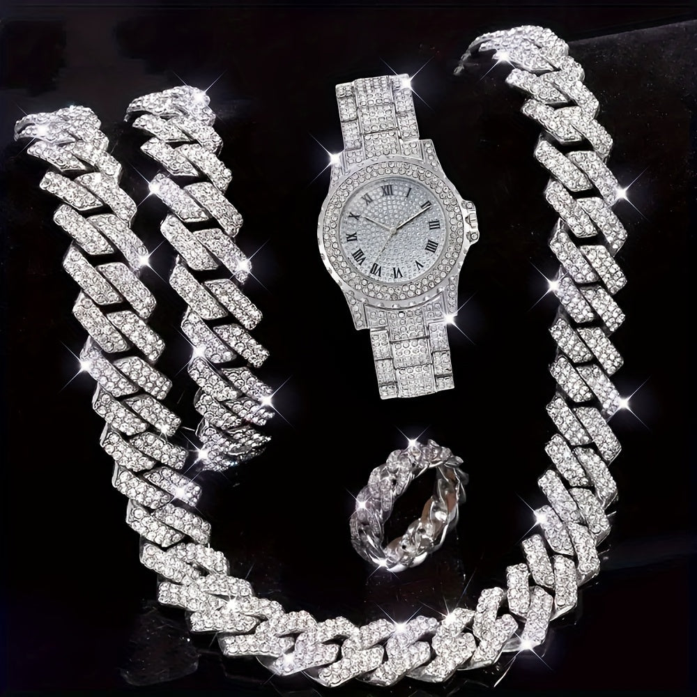 4 Piece Men's Lab-Created Diamond Bracelet Ring & Quartz Watch Gift Set – Luxury Gold Silver Jewelry Set for Men, Perfect Holiday & Birthday Gift for Him