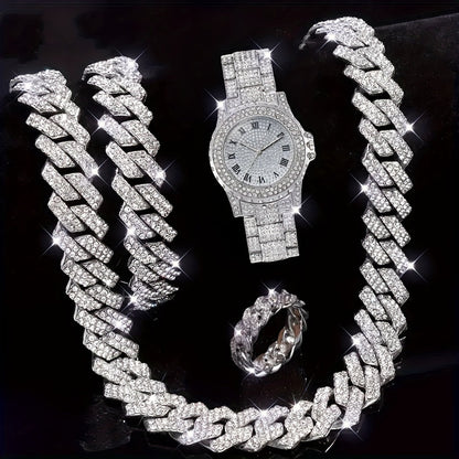 4 Piece Men's Lab-Created Diamond Bracelet Ring & Quartz Watch Gift Set – Luxury Gold Silver Jewelry Set for Men, Perfect Holiday & Birthday Gift for Him