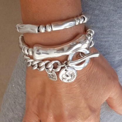3pcs 925 Silver Chunky Bangle Set for Women – Stackable Hip Hop & Punk Style Bold Statement Bracelets, Silver-Plated, Layered Wrist Stack for Any Occasion