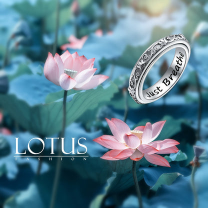 S925 Sterling Silver Lotus Flower Spinner Anxiety Ring – Just Breathe Oxidized Fidget Band for Stress Relief ADHD Autism Yoga, Unisex Worry Ring Sizes 8-12 Gift for Women Men