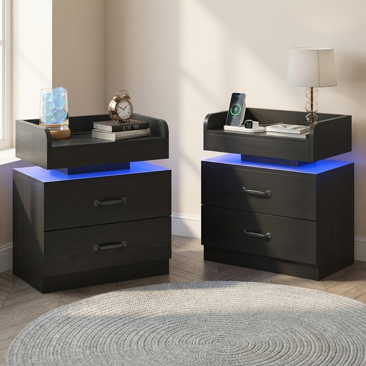 Nightstand with Charging Station & LED Lights – Modern Wooden Bedside End Table with Drawer & Storage, USB Charging Ports, for Bedroom & Living Room, Black or White, 1 or 2 Pack