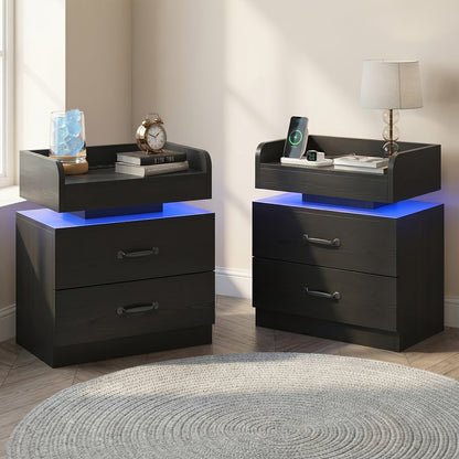 Nightstand with Charging Station & LED Lights – Modern Wooden Bedside End Table with Drawer & Storage, USB Charging Ports, for Bedroom & Living Room, Black or White, 1 or 2 Pack