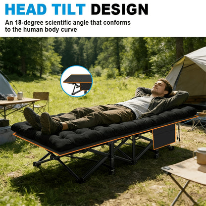 Heavy Duty Folding Bed with Optional Mattress up to 630 LBS – Portable Camping Cot with Multi-Leg Support, Side Pockets & Pillow, 59–77 Inch All Season Guest Napping Bed Space Saving