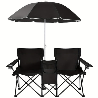 2-Person Folding Beach Chair Set with Umbrella, Table & Cooler Bag – Compact Collapsible Picnic Chair for Beach, Camping & Outdoor Outings, 270 lb Capacity Per Seat