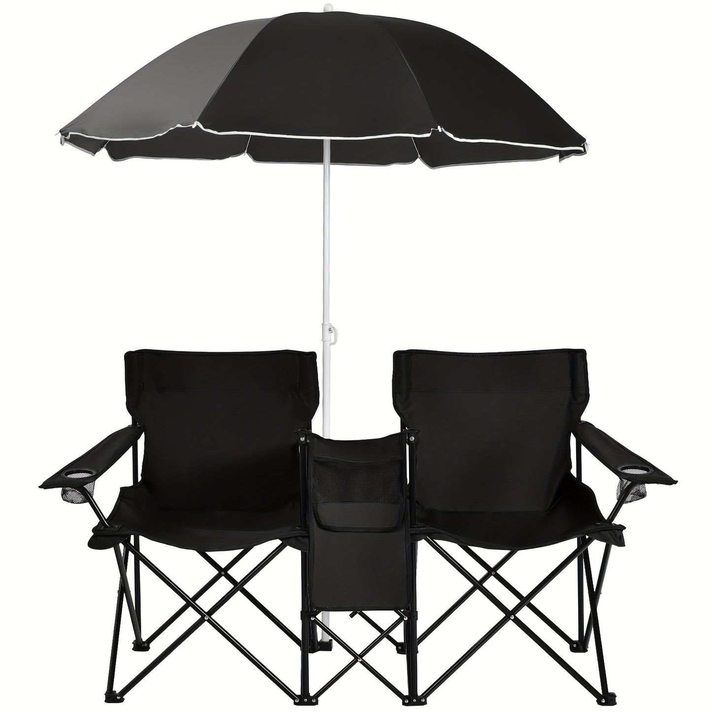 2-Person Folding Beach Chair Set with Umbrella, Table & Cooler Bag – Compact Collapsible Picnic Chair for Beach, Camping & Outdoor Outings, 270 lb Capacity Per Seat