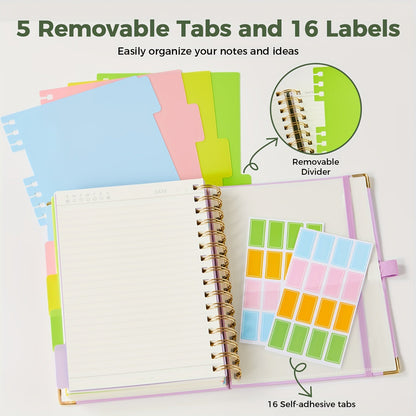 A5 Hardcover 5-Subject Spiral Notebook Journal – 300 College-Ruled Pages with Removable Divider Tabs & Pocket, 6.1" x 8.4" Lined Notebook for Work, School & Note Taking, Back to School Supplies
