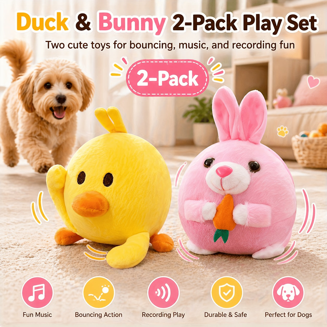 USB Rechargeable Bouncing Dog Toy – Motion Sensor Electronic Ball with Pig Sound & Voice Recording, Washable Interactive Fetch Toy for Small Dogs & Puppies