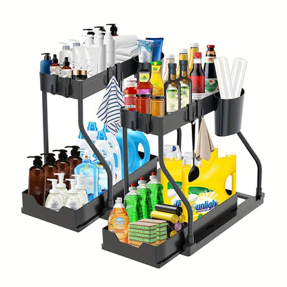 2Pcs Under Sink Organizer with Pull-Out Sliding Shelves – Durable Cabinet Storage Rack for Bathroom & Kitchen, Space-Saving Vertical Under-Sink Organization, Available in Black & White