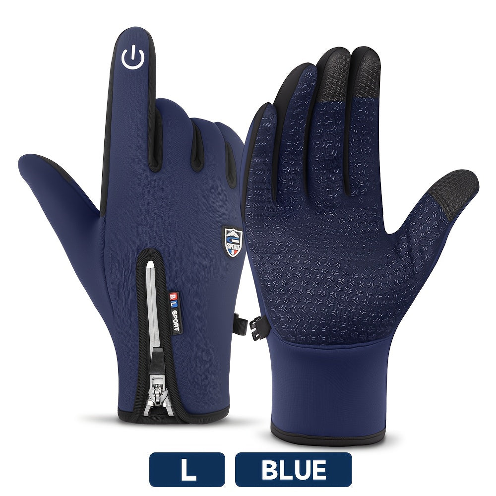 Windproof Waterproof Winter Sports Gloves with Touchscreen & Anti-Slip Grip – Warm Cycling Skiing Gloves for Men & Women, 100% Polyester, Zipper Closure, Sizes M-XL