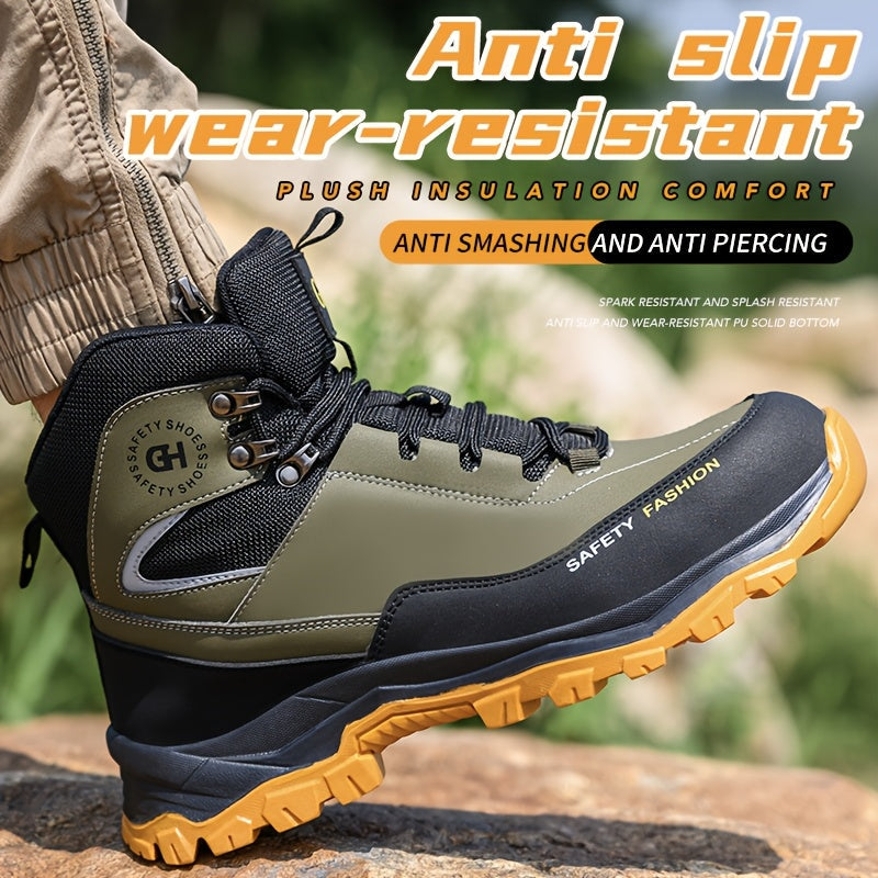 Steel Toe Work Boots for Men Heavy Duty All-Terrain Rubber Sole Cushioned Insole Arch Support Four-Season Construction Industrial Farm Outdoor Boots Black Army Green Sizes US 6-11