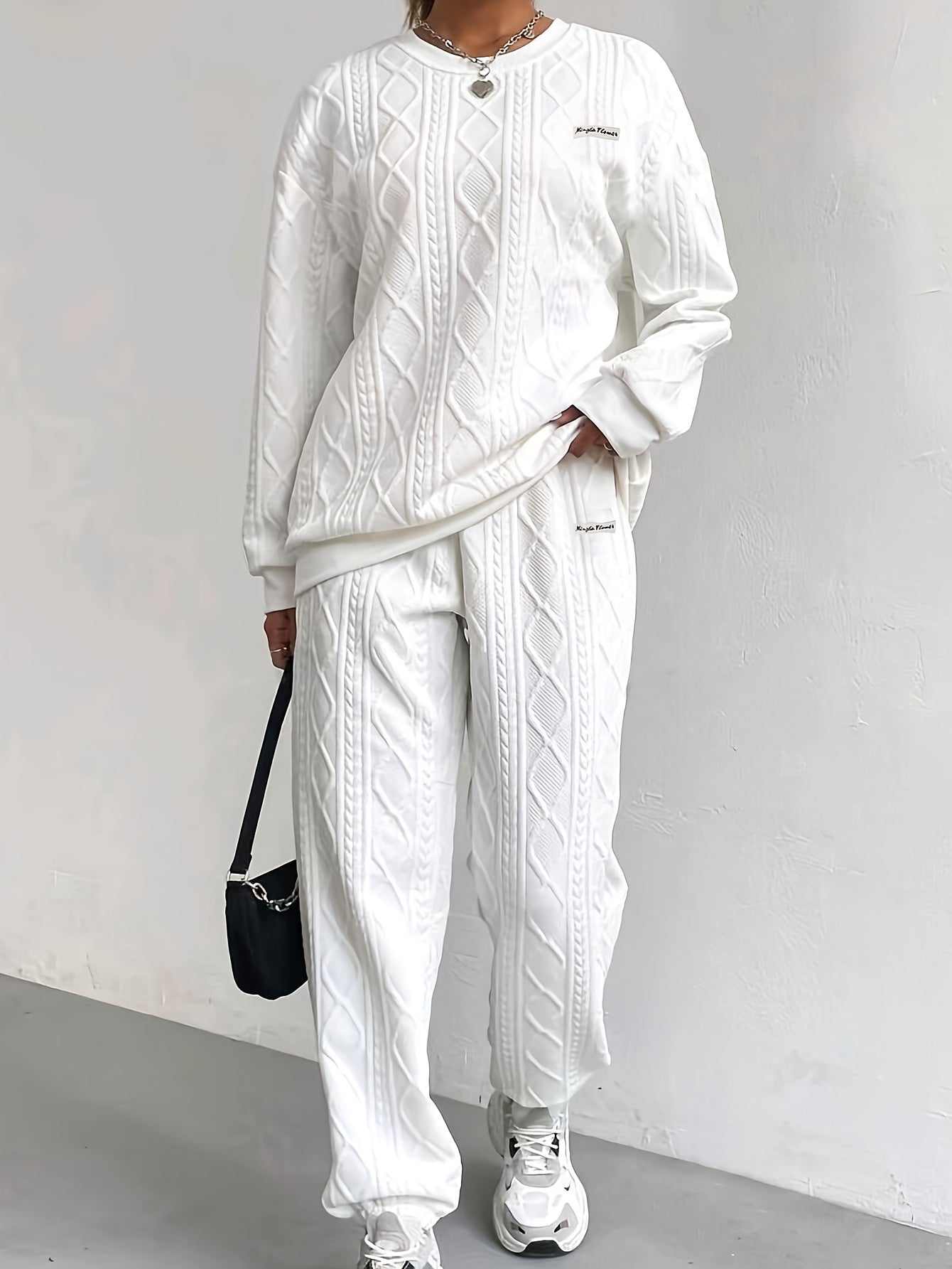 Women's 2-Piece Pullover Sweatsuit Set – Textured Jacquard Crewneck Long Sleeve Top & Sweatpants Tracksuit Breathable Casual Loungewear for Spring Summer S-XXL